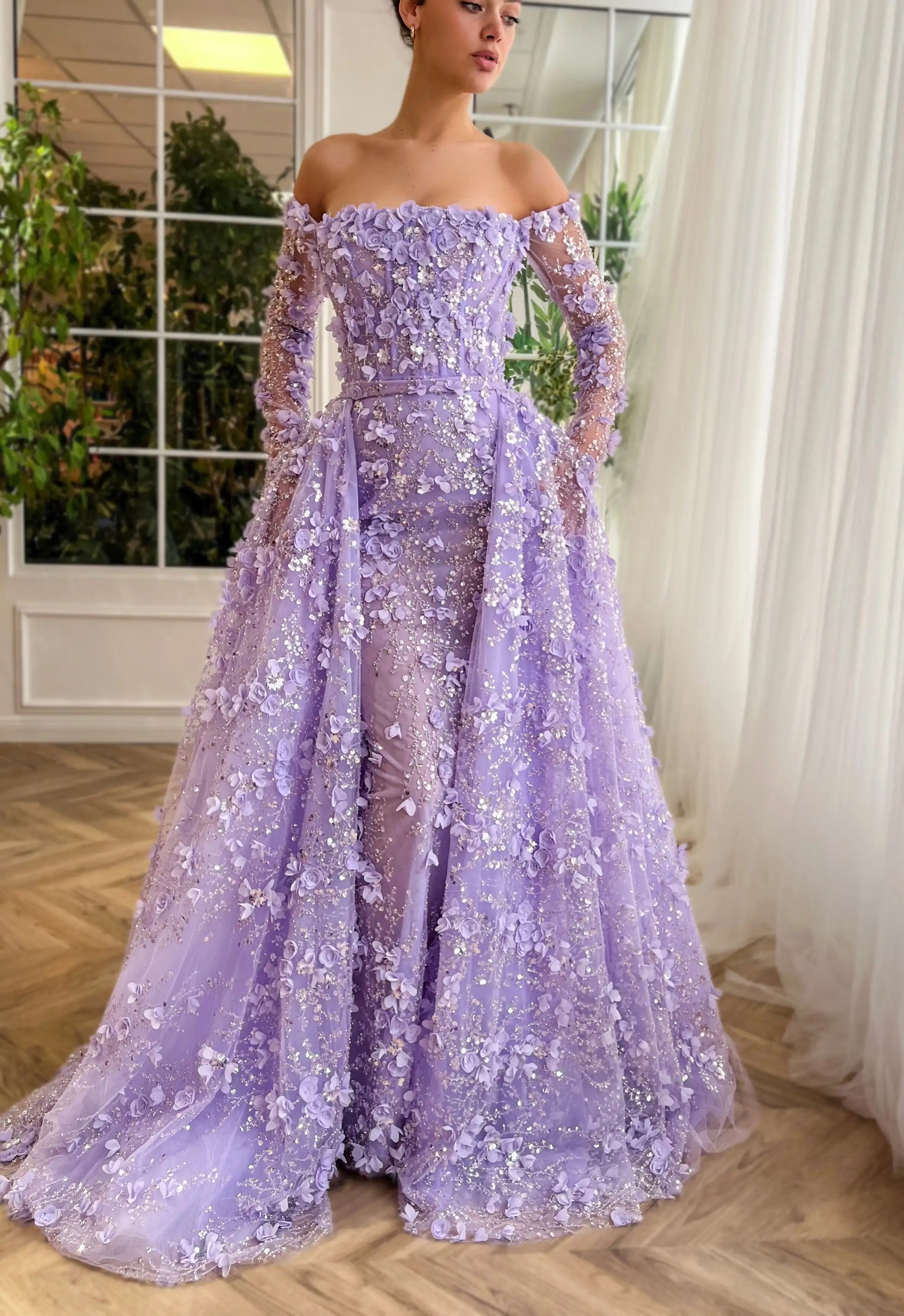 UU-Sharon Said Elegant 3D Flowers Pink Luxury Dubai Evening Dress with Overskirt Lilac Long Sleeves Women Wedding Party Gown
