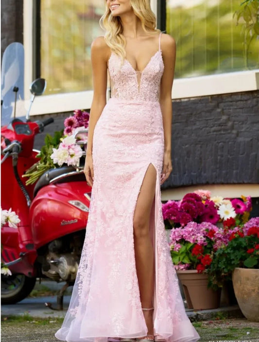 UU-Sweet Spaghetti Strap Prom Dress Princess Baby Pink Lace Embroid Side Split Fishtail