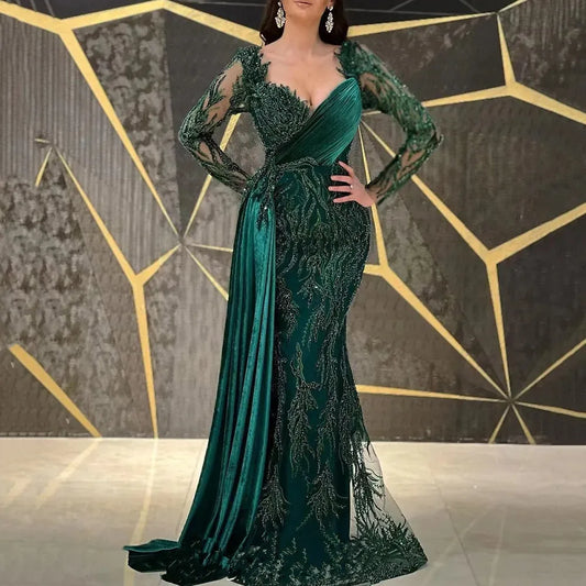 UU-Women Elegant luxury Dubai Emerald Green Trumpet Floor-Length Long Sleeves Draped Evening  Dress formal occasion Prom