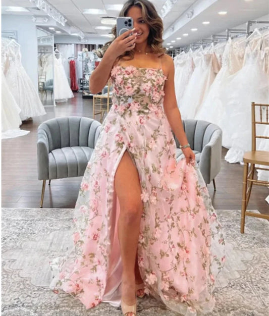UU-Pink Spaghetti Strap فساتين السهرة Lace Embroidery Elegant Sleeveless Side High Split Prom Dresses 2024