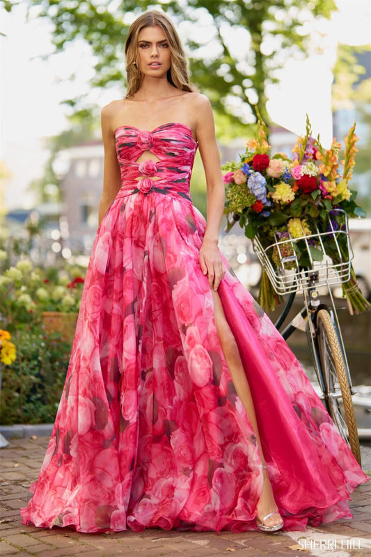 UU-Floral Print Prom Dresses A-line Organza fiesta Strapless Side Split Sweep Train Sleeveless Formal Evening
