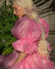 UU-Pink Floral Print A-line Chiffon Sweetheart Puffy Sleeves Sweep Train Prom Dresses 2024