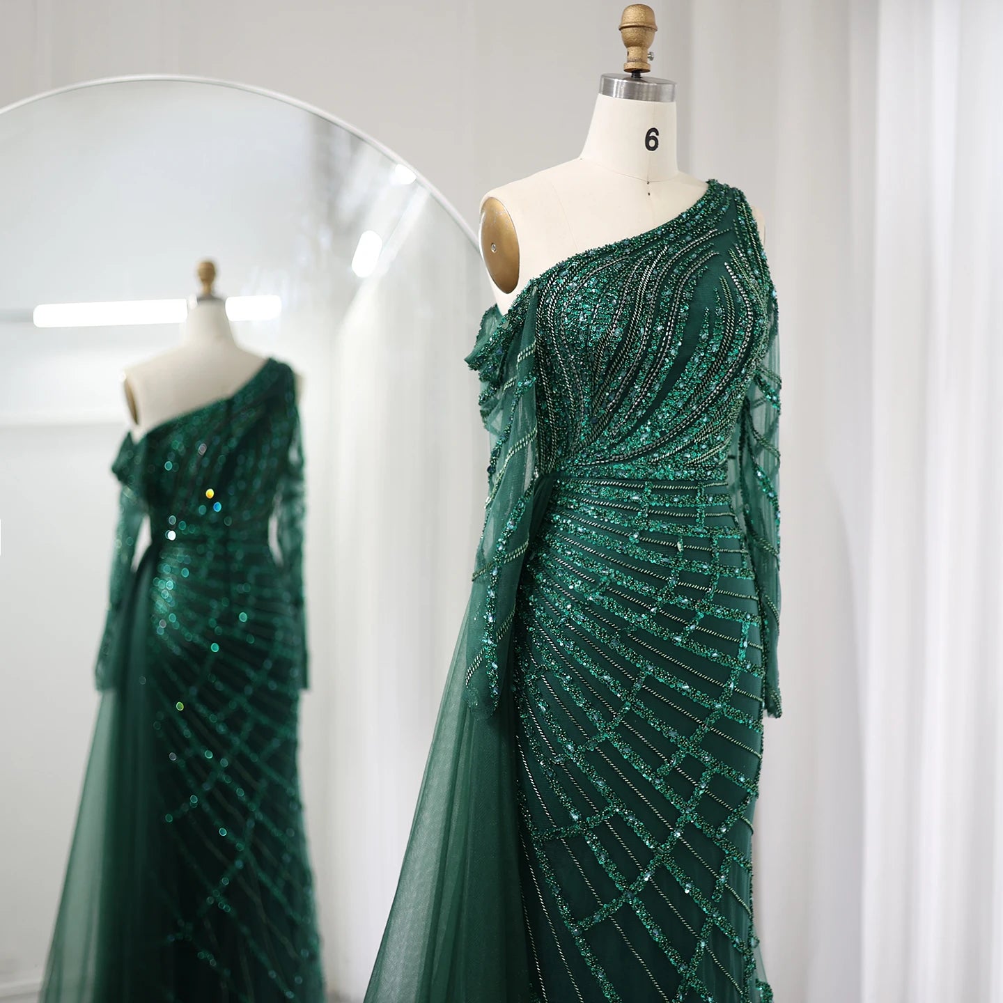 UU-Sharon Said Emerald Green One Shoulder Mermaid Evening Dress with Overskirt Long Sleeves Luxury Dubai Wedding Party Gowns