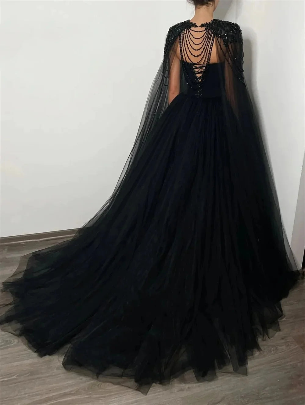 UU-Black Beaded Glitter A-line Wedding Dress Elegant Detachable Shawl Custom Dresses Sexy Heart Shaped Neck