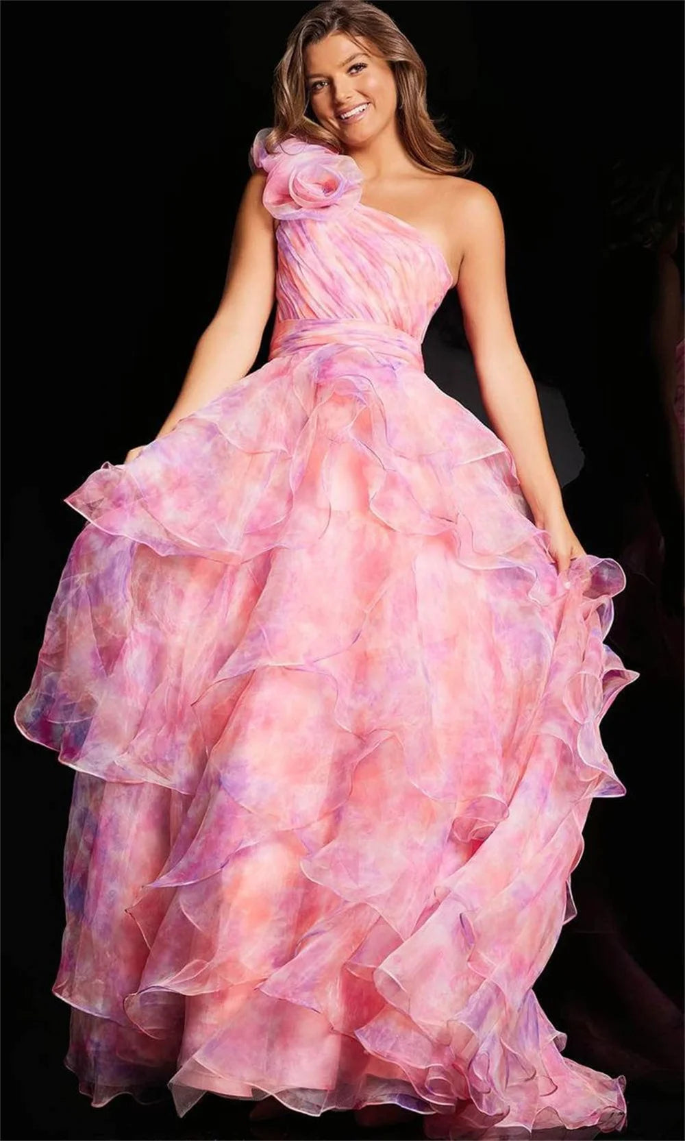 UU-Pink Floral Print  One Shoulder Sweetheart Puffy Sleeveless Floor-Length Prom Dresses 2024