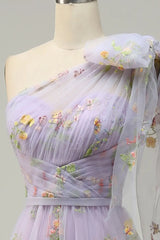 UU-Lavender A-Line Corset Prom Dress Embroidered Tulle Lace One Shoulder Sweetheart Wedding Party Dresses  Formal Gown