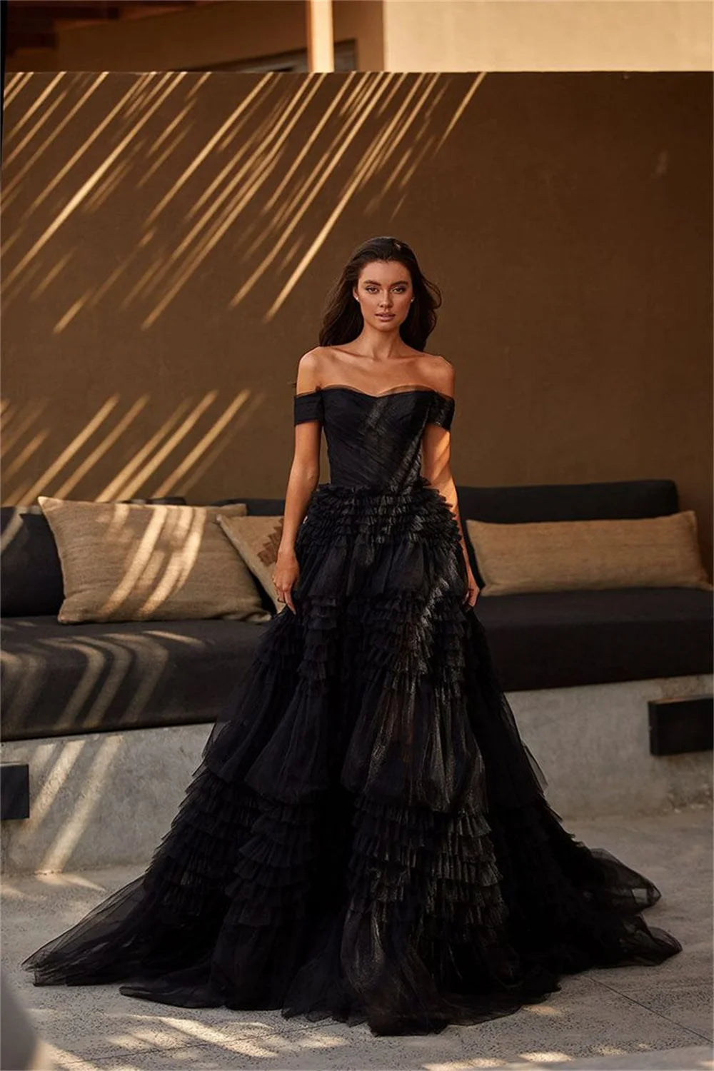 UU-Sexy Off Shoulder Prom Dress Black Multilayer فستان حفلات الزفاف Luxury Ball Gown Tulle Puffy Robes