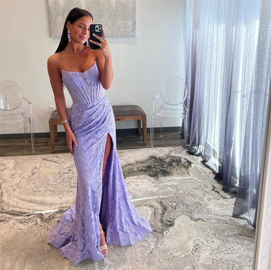 UU-Lavender Mermaid Prom Dresses Lace Embroidery Evening Dress Elegant Off Shoulder Side Split Long Train