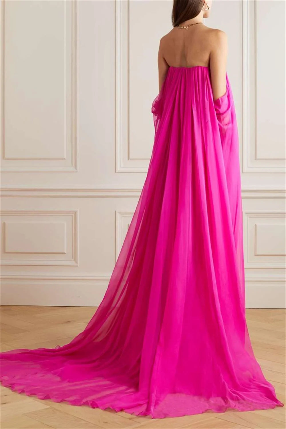 UU-Elegant Fuchsia Chiffon Cape Sleeve  Sexy Chest Hollowed Out Prom Dress