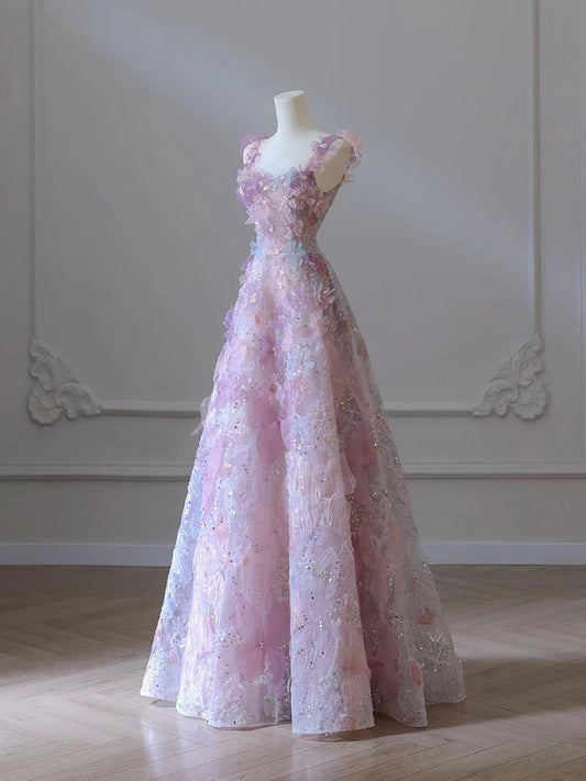 UU-Romantic Fairy Sequins 3D Flower Pink A-line Wedding Evening Party Dress Sleeveless Princess Birthday Gown
