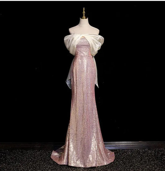 UU-Elegant Sweet Evening Dress Strapless Pink Sequin Off The Shoulder Party Dress Plus Size Custom Made