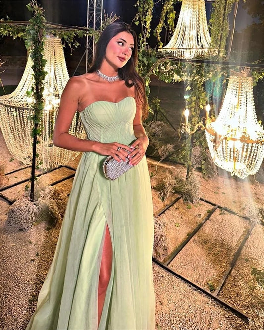 UU-Sexy Side Split Light Green  Strapless A-line Prom Dress 2023 Tulle Floor Length