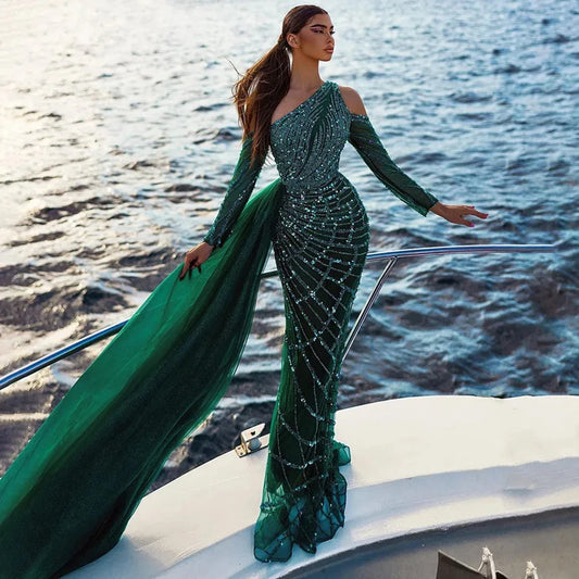 UU-Sharon Said Emerald Green One Shoulder Mermaid Evening Dress with Overskirt Long Sleeves Luxury Dubai Wedding Party Gowns