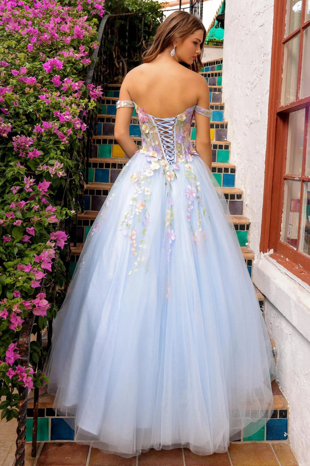 UU-2024 Spring Off Shoulder Ball Gown Flower Lace Evening Dress Baby Blue Corset Maxi Prom Dress 2024