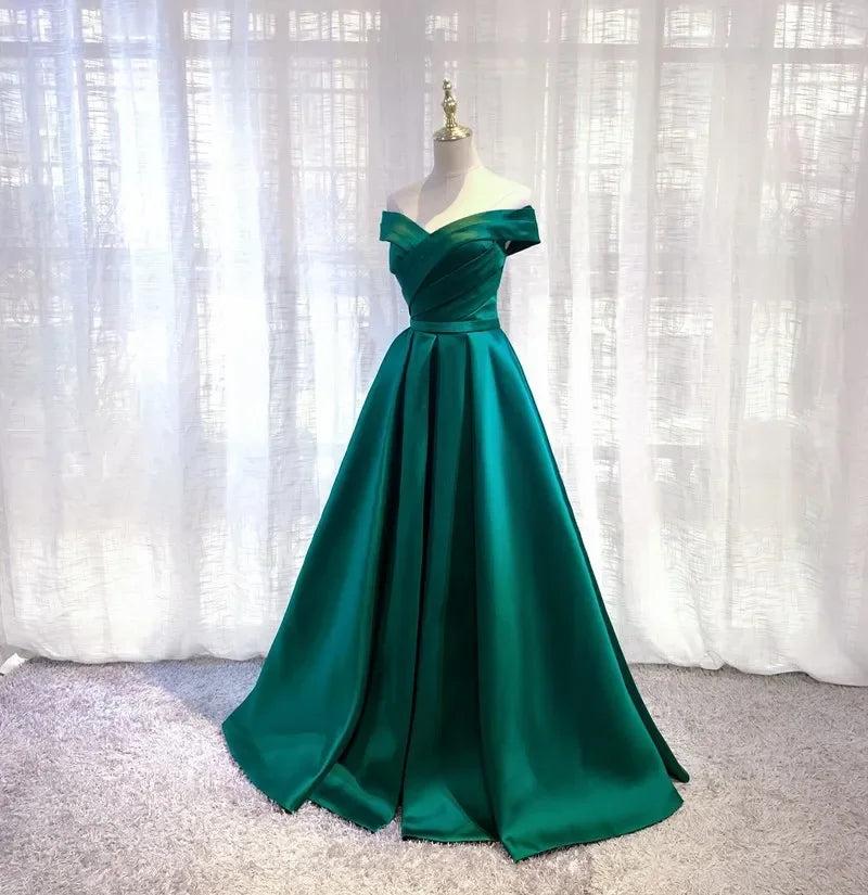 UU-Green Off-Shoulder Long Evening Party Gowns A-Line Soiree Robe Pleats Satin Women Formal Pageant Prom Dresses HOT
