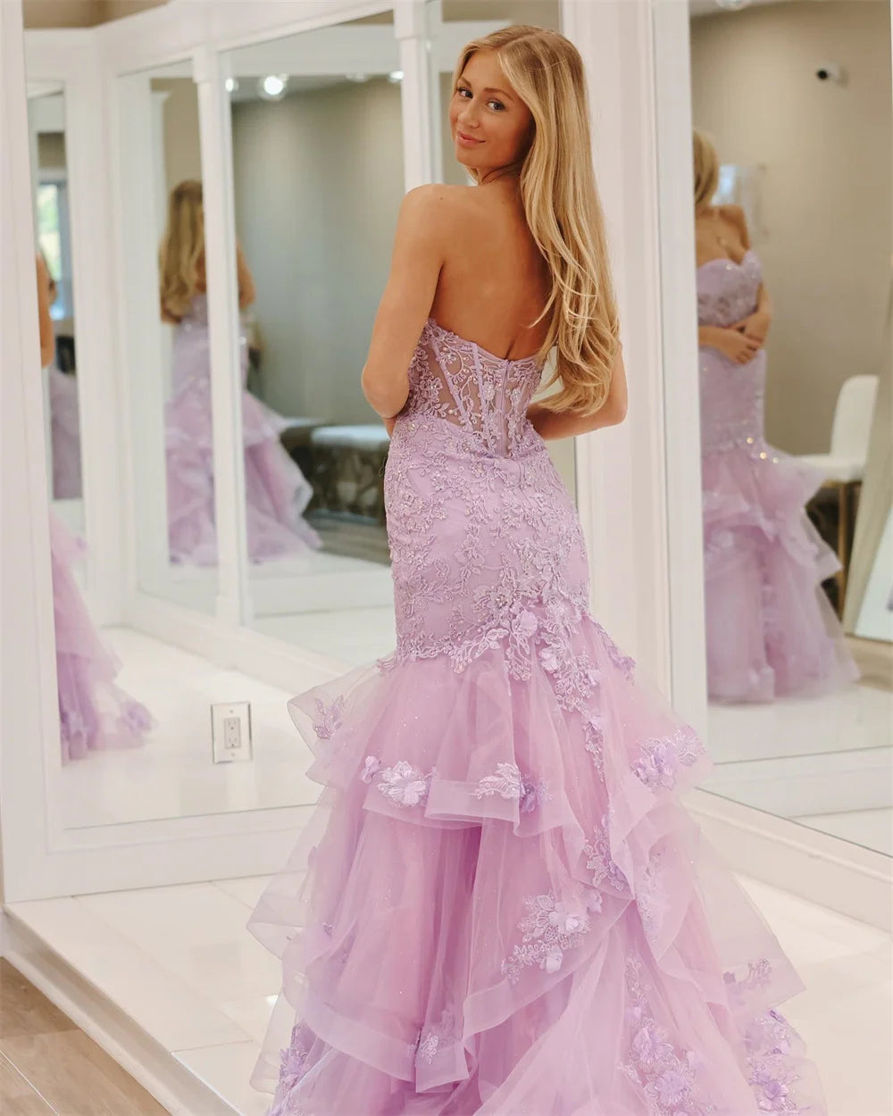 UU-Lavender Lace Embroidery Tulle Mermaid Prom Dress Backless Curve Train Fiesta Heart Shape Neck Graduation Ball