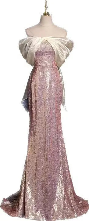 UU-Elegant Sweet Evening Dress Strapless Pink Sequin Off The Shoulder Party Dress Plus Size Custom Made