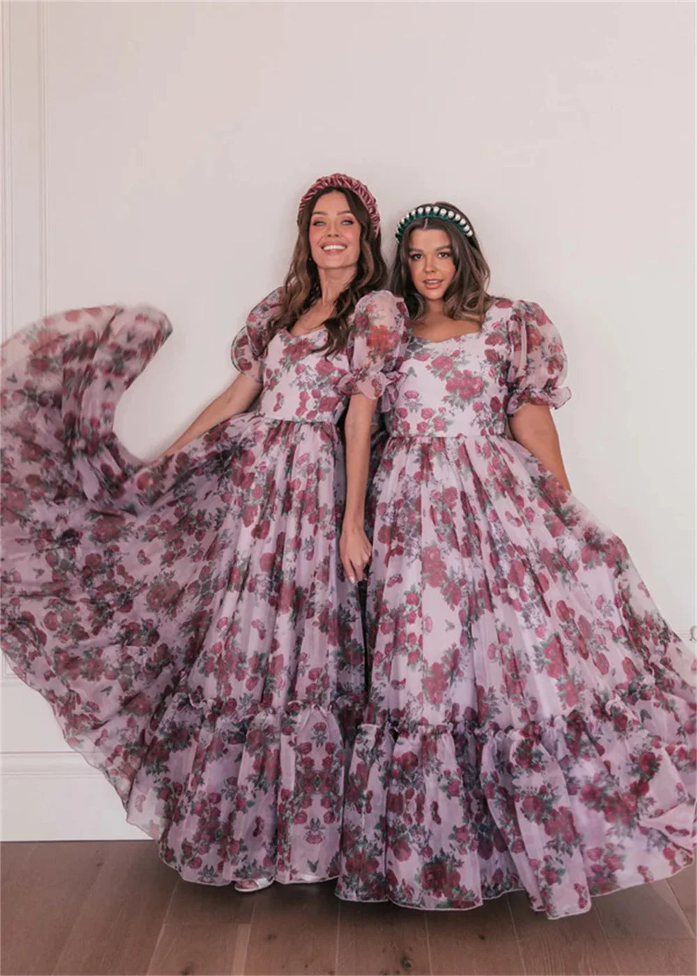 UU-Floral Print Prom Dresses A-line Organza fiesta Elegant Puffy Short Sleeves Sweep Train Lace-Up Cocktail Party