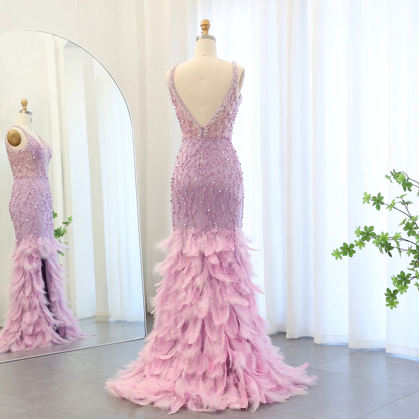 UU-Sharon Said Luxury Feathers Pink Mermaid Evening Dresses for Women Wedding V-Neck Blue Side Slit Long Prom Party Dress