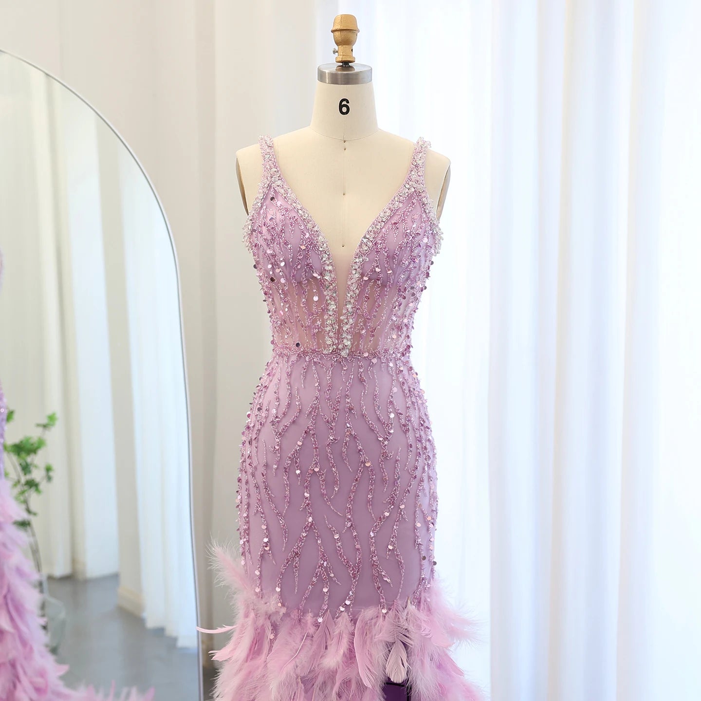 UU-Sharon Said Luxury Feathers Pink Mermaid Evening Dresses for Women Wedding V-Neck Blue Side Slit Long Prom Party Dress