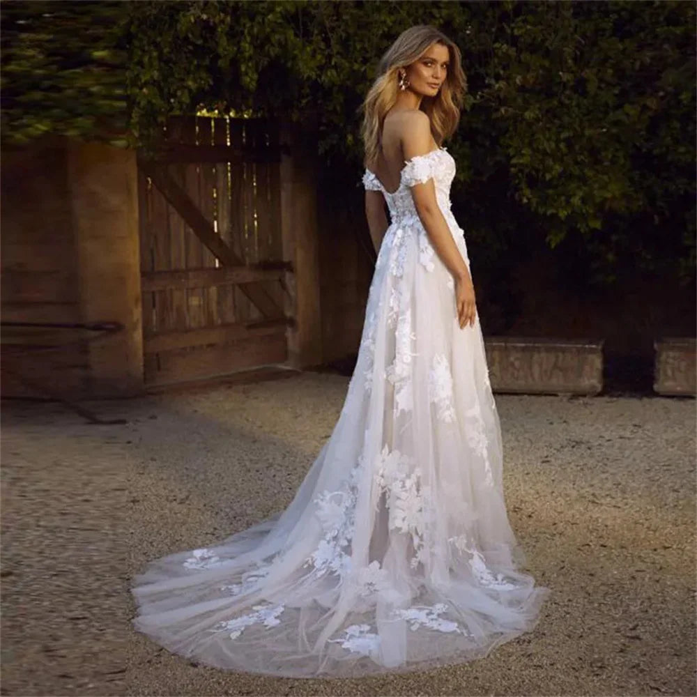 UU-White Lace Appliques Prom Dresses A-line Tulle Elegant Off the Shoulder Sleeveless Cocktail Party 2024