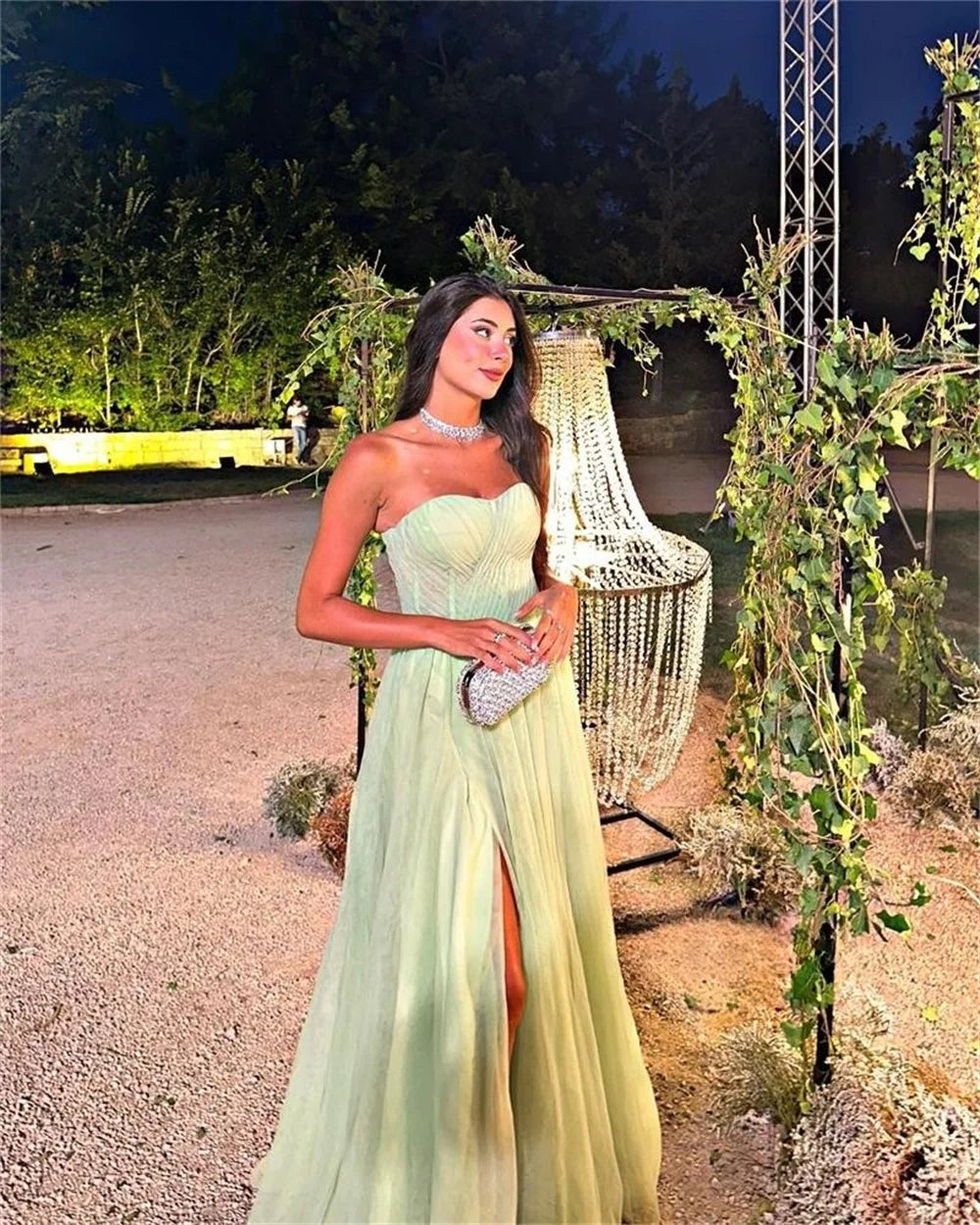 UU-Sexy Side Split Light Green  Strapless A-line Prom Dress 2023 Tulle Floor Length