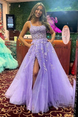 UU-Shiny Lace Long Prom Dress with High Slit Appliques Purple Wedding Dresses Fiesta Backless A-line Women Evening Gowns