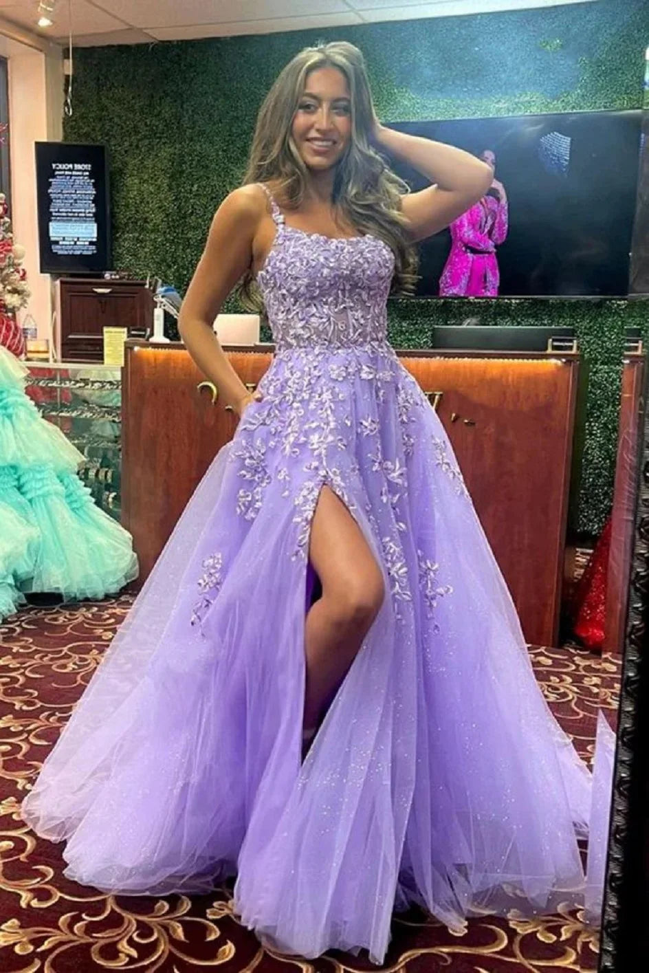 UU-Shiny Lace Long Prom Dress with High Slit Appliques Purple Wedding Dresses Fiesta Backless A-line Women Evening Gowns