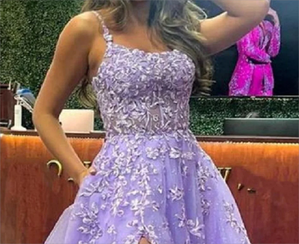 UU-Shiny Lace Long Prom Dress with High Slit Appliques Purple Wedding Dresses Fiesta Backless A-line Women Evening Gowns