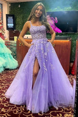 UU-Shiny Lace Long Prom Dress with High Slit Appliques Purple Wedding Dresses Fiesta Backless A-line Women Evening Gowns