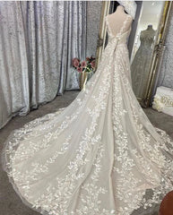 UU-Boho Chic Wedding Dress Vintage Lace Appliques Zipper Back Bridal Gowns Largo