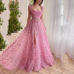 UU-Rose Pink Prom Dress Exquisite Petals Split Backless Evening Gown Sweetheart Women Party Floor Length