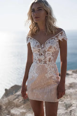 UU-Beach Short Wedding Dresses 2 Pieces Detachable Train Beading Appliques Lace Bridal Gown Customize Cap Sleeve