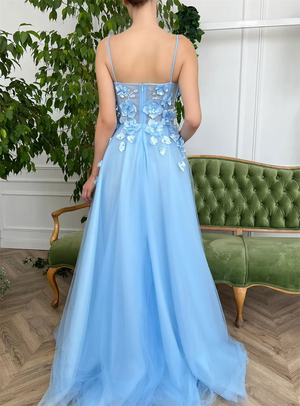 UU-Sweet A-line Baby Blue Princess Spaghetti Strap Romantic 3D Flower On Chest Prom Dresses