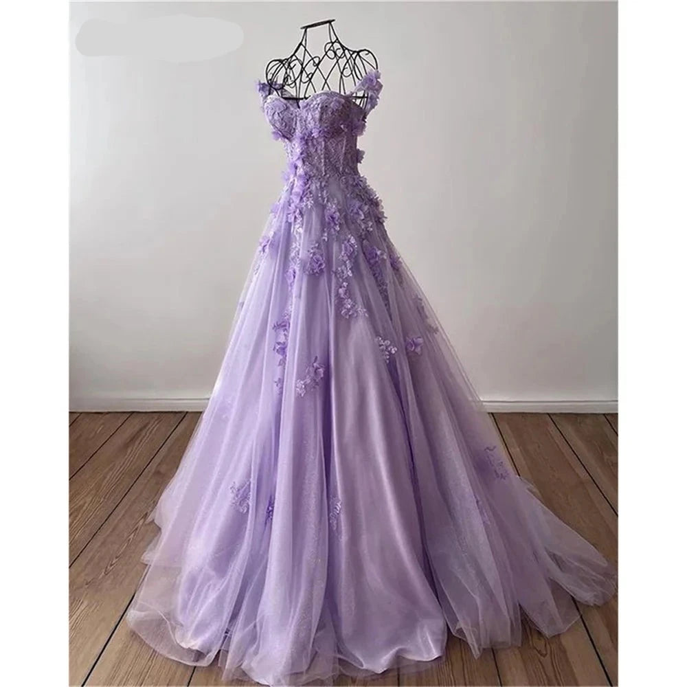 UU- Princess 3D Flower Sweet A-line Tulle Evening Dress Purple Prom Dress Handmade Robe