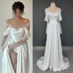 UU-Illusion Tulle Off Shoulder Lace Wedding Gowns Big Size Custom Made A Line Long Sleeves Ruched Satin High Slit Bridal Dress