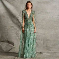 UU-  Luxury Dubai Sage Green Evening Dresses with Cape Fuchsia Crystal Gold Elegant Women Wedding Formal Party Gown