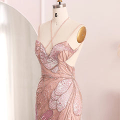 UU- Luxury Mermaid Pink Evening Dresses with  Feathers Scarf Spaghetti Straps Dubai Women Blue Wedding Prom Gowns