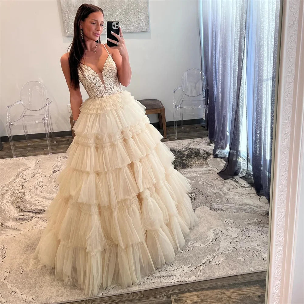 UU-Luxury Beige Prom Dresses Spaghetti Strap Evening Dress Elegant Sleeveless Lace-up Tulle Party 2024