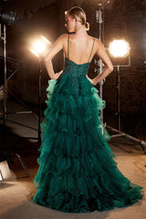 UU-Lace Embroidery Edge Curl Prom Dress Elegant Dark Green Multilayer Sexy Spaghetti Strap Party Dresses