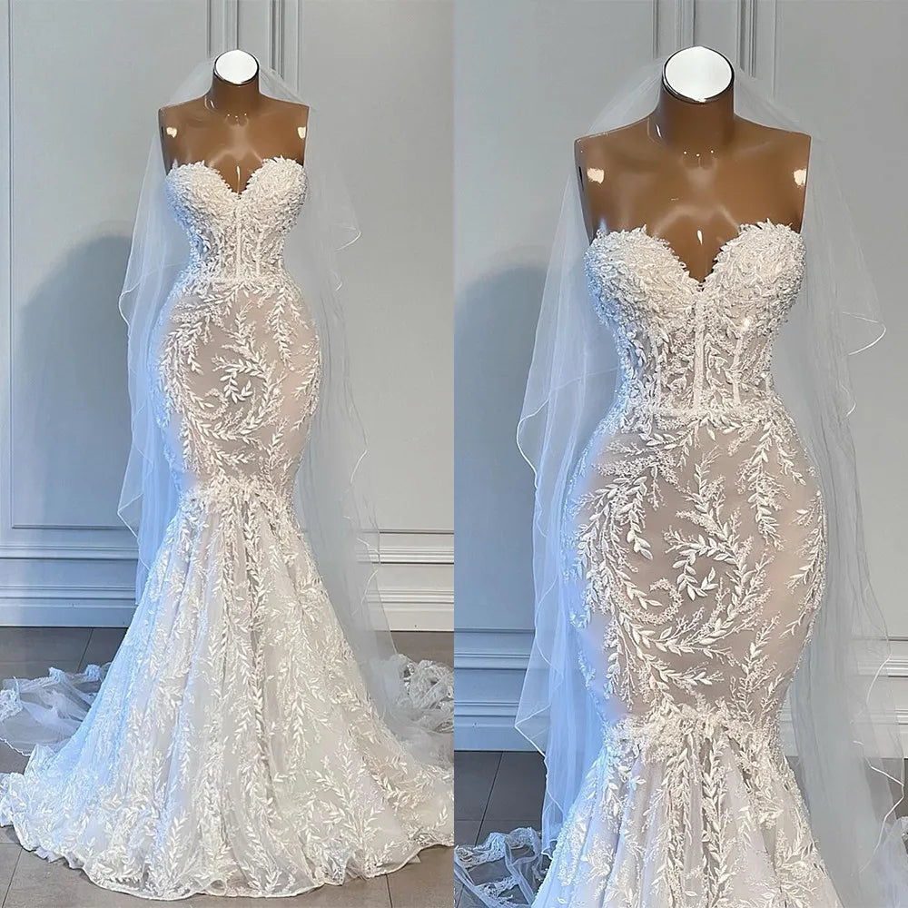 UU-Glamorous Mermaid Wedding Dress Strapless Lace Appliques Bridal Gowns Custom Made Sleeveless Sweep Train