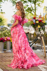 UU-Floral Print Prom Dresses A-line Organza fiesta Strapless Side Split Sweep Train Sleeveless Formal Evening