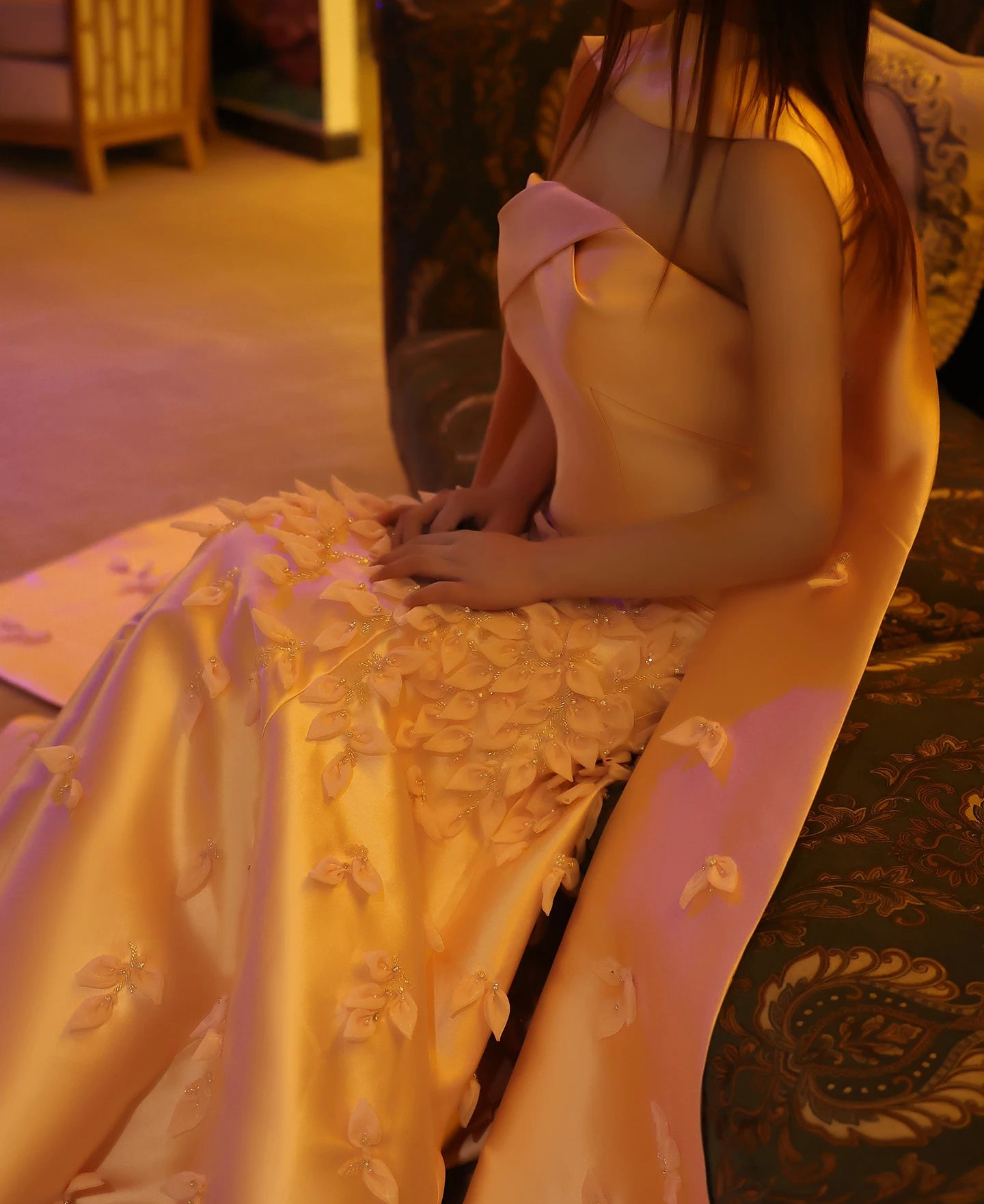 UU-Sharon Said Luxury 3D Leaves Blush Pink Satin Mermaid Evening Dress with Cape Dubai Arabic Women Wedding Prom Party Gowns