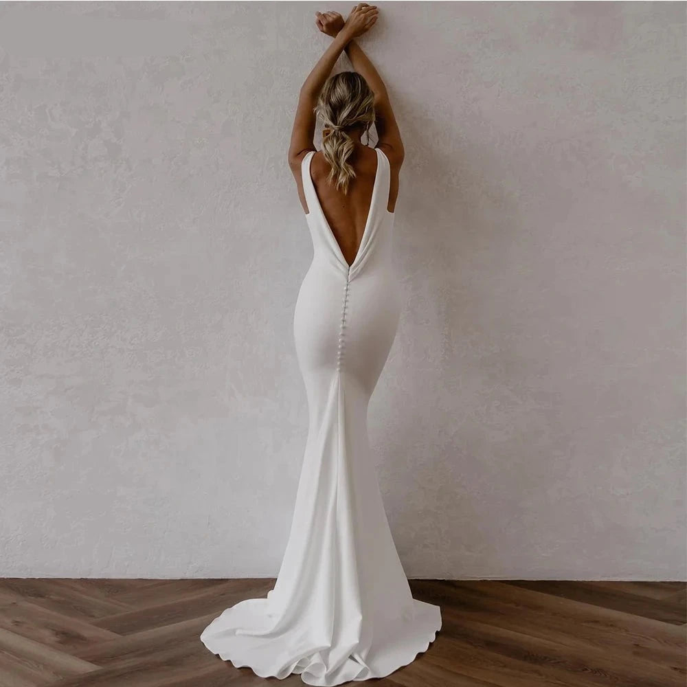 UU-Deep V Neck Crepe Detachable Train Mermaid Wedding Dress 2024 Plain Sleeveless Open Back Simple Bridal Gowns Elegant