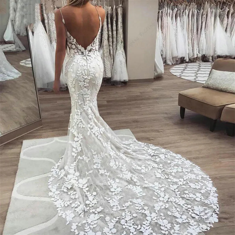 UU-Lace Appliques Wedding Dress Mermaid Bridal Dresses 2024 Spaghetti Straps Backless Beach Bridal Gowns