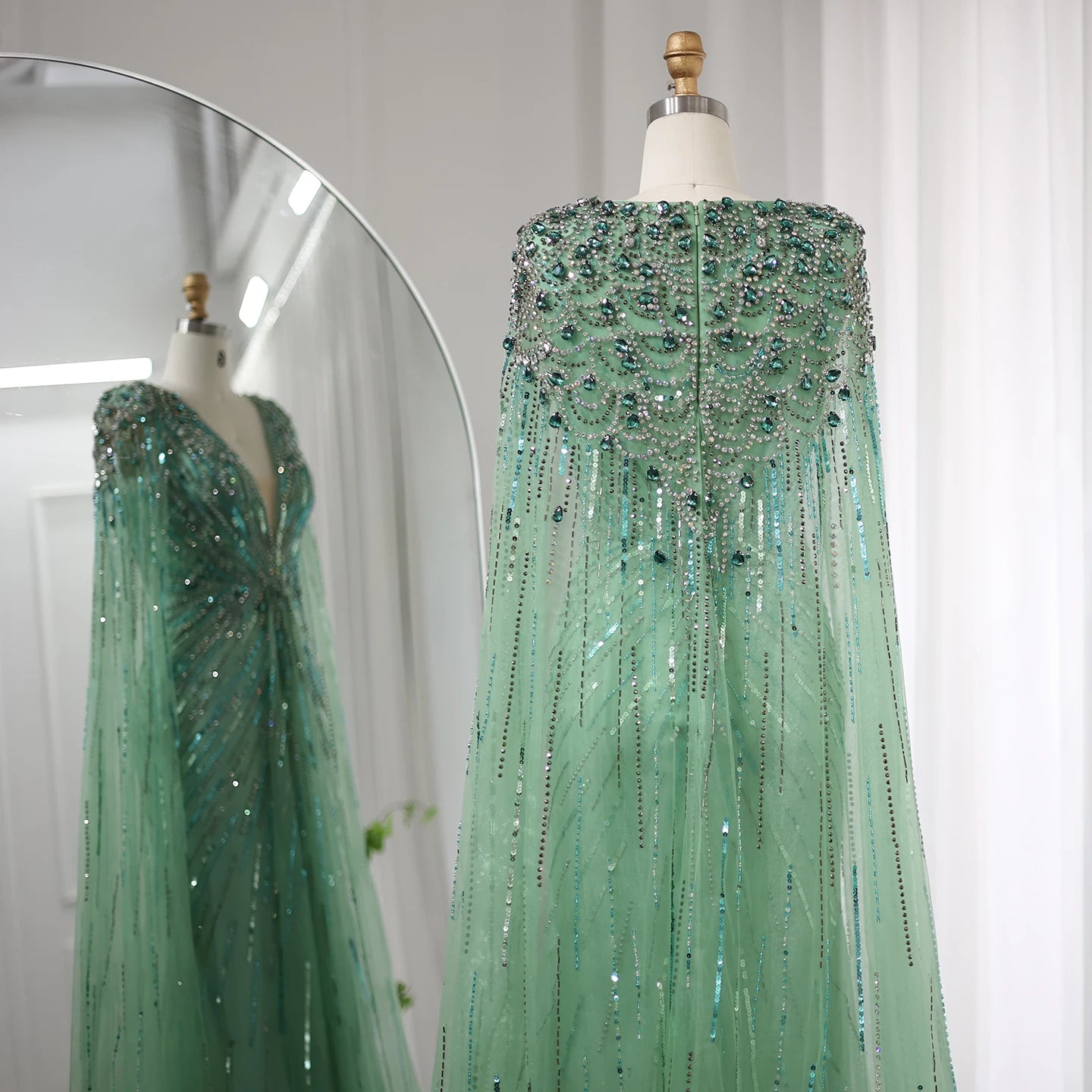 UU-  Luxury Dubai Sage Green Evening Dresses with Cape Fuchsia Crystal Gold Elegant Women Wedding Formal Party Gown