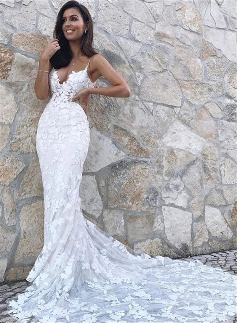 UU-Lace Appliques Wedding Dress Mermaid Bridal Dresses 2024 Spaghetti Straps Backless Beach Bridal Gowns