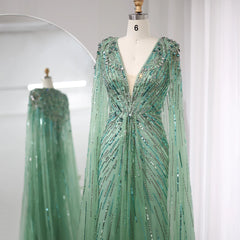 UU-  Luxury Dubai Sage Green Evening Dresses with Cape Fuchsia Crystal Gold Elegant Women Wedding Formal Party Gown