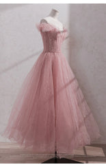 UU-Luxury Pink Evening Dresses Off Shoulder Vintage Shiny Sequin Tulle Ruffle Sweetheart A Line Host Bridesmaid Prom Party Gowns