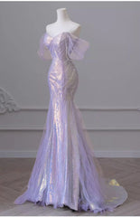 UU-Purple Laser Sequin Beaded Mermaid Women Evening Dress with Puff Sleeves Tassel Pearls Tulle Train Prom Gown